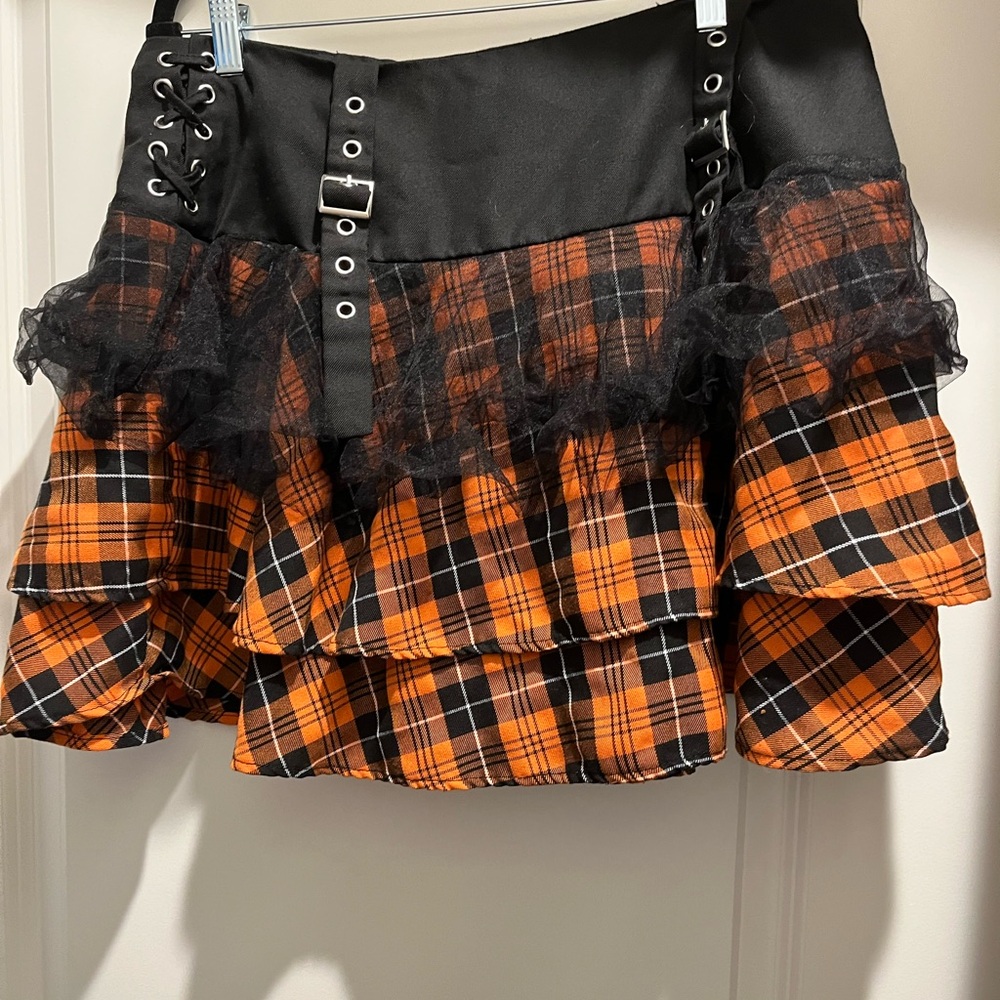 Hot Topic Black and Orange Plaid Mini Skirt